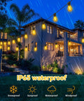 96 Foot LED Outdoor String Lights With Shatterproof S14 Bulbs 2700K Warm White illuminating a patio during rain, IP65 waterproof
