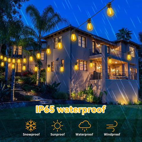 96 Foot LED Outdoor String Lights With Shatterproof S14 Bulbs 2700K Warm White illuminating a patio during rain, IP65 waterproof