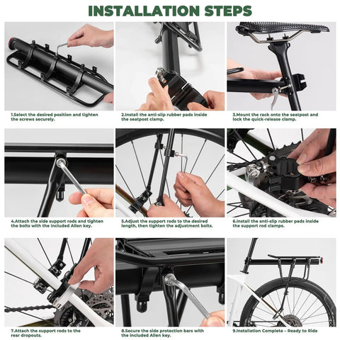 Step-by-step installation of Rear Bike Rack With Quick Release Cargo Carrier For Mountain And City Bikes Beefed Up Aluminum Alloy Frame 55 Lb Capacity Ready For Commuting Touring Groceries And Camping Gear