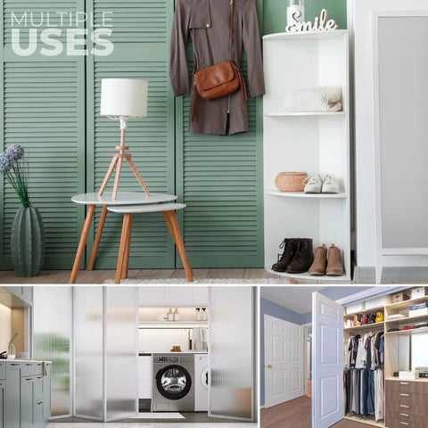Bi-Fold Door Hardware Repair Kit With Top And Bottom Brackets Pivots And Guide Wheel for various closet door uses shown.