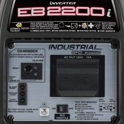 Control panel of a 2200 Watt Inverter Generator For Outdoor Job Sites And Backup Power, showing GFCI outlets and CO Minder