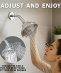 Person adjusting massaging rain shower head with mist for low flow homes high pressure boost 6 spray patterns water saving nozzles 2.5 GPM