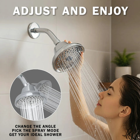 Person adjusting massaging rain shower head with mist for low flow homes high pressure boost 6 spray patterns water saving nozzles 2.5 GPM