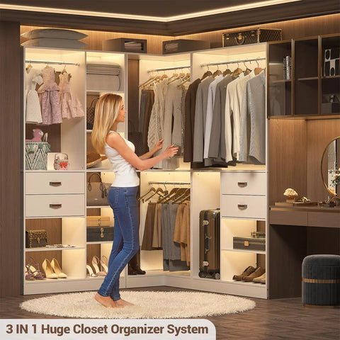 Built Tough Freestanding Walk In Closet 3 Piece Kit With Big Time Storage Shelves Solid Wood Drawers And Hanging Rods in stylish setting.