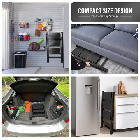 Collage showing 3 Step Folding Ladder Lightweight Aluminum Step Stool With Wide Anti Slip Pedals stored in home and car spaces.