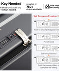 Underseat Carry On Luggage 17x14x9 With PC Hard Shell And Aluminum Frame showing TSA lock and password instructions in rock gray