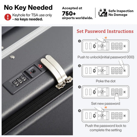Underseat Carry On Luggage 17x14x9 With PC Hard Shell And Aluminum Frame showing TSA lock and password instructions in rock gray