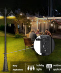 Double Head Dusk To Dawn Outdoor Lamp Post Lights With Outlet Farmhouse Aluminum Black Pole Lights illuminating patio