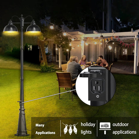Double Head Dusk To Dawn Outdoor Lamp Post Lights With Outlet Farmhouse Aluminum Black Pole Lights illuminating patio