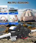 12V RV Fresh Water Pump with 3.5 GPM at 45 PSI Self Priming Diaphragm Water Pump for Campers RVs Yachts on rocky landscape