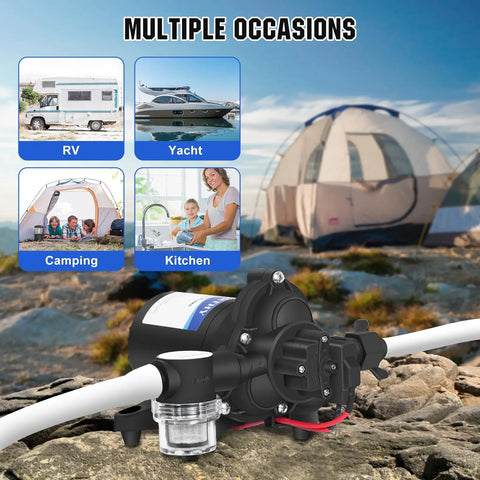 12V RV Fresh Water Pump with 3.5 GPM at 45 PSI Self Priming Diaphragm Water Pump for Campers RVs Yachts on rocky landscape