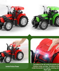 Red and green tractors from Massive 27 Inch Friction Powered Semi Truck Playset with sound and light features for kids 3-6.