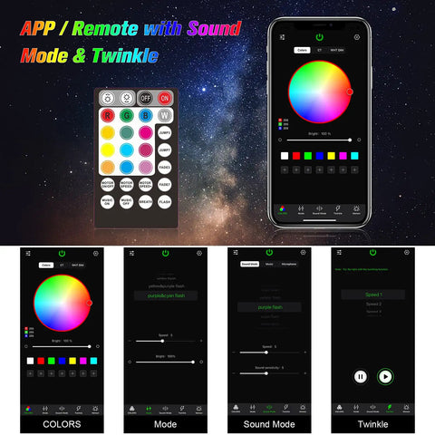 Starlight Fiber Optic Headliner Kit For Cars And Rooms showing app interface and remote control for RGBW LED lights customization.