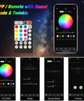 Smartphone and remote control interface for Lit Starlight Headliner Kit For Cars And Home Theater, RGBW LED, app settings visible.