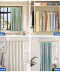 Gold Shower Curtain Rod Adjustable From 32 To 83 Inches No Drilling Spring Tension Bar With Two Free Anti Slip Holders Rust Resistant Finish For Bathroom Window Living Room Patio shown in window, wardrobe, bathroom, and bedroom settings