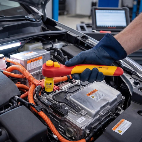 Heavy Duty 3/8 Inch Drive VDE Insulated Ratchet Wrench With 72 Tooth Gears For High Voltage Electrical And Hybrid Car Jobs Built Tough As Nails Using Chrome Vanadium Steel in use on an electric vehicle.