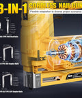 3-IN-1 cordless nail gun mechanism showcasing internal motor and adjustable fastener sizes for Smooth Shooting 21V Cordless 3-In-1 Brad Nailer And Staple Gun Bundle.