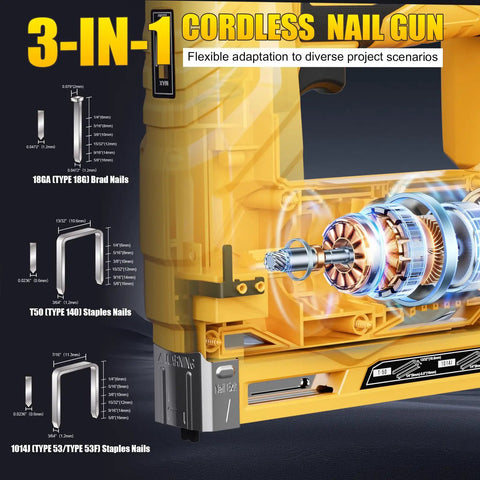 3-IN-1 cordless nail gun mechanism showcasing internal motor and adjustable fastener sizes for Smooth Shooting 21V Cordless 3-In-1 Brad Nailer And Staple Gun Bundle.