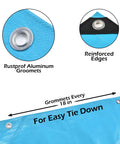 Heavy Duty Waterproof 10x12 Tarp 12 Mil Thick Blue Cover For Camping Tent Boat RV Car And Pool UV Resistant Rip And Tear Proof With Metal Grommets showing rustproof aluminum grommets and reinforced edges.