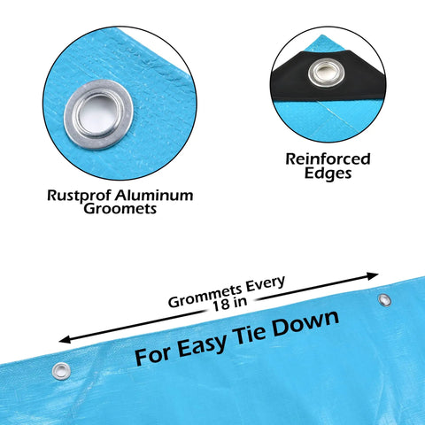 Heavy Duty Waterproof 10x12 Tarp 12 Mil Thick Blue Cover For Camping Tent Boat RV Car And Pool UV Resistant Rip And Tear Proof With Metal Grommets showing rustproof aluminum grommets and reinforced edges.