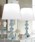 Set Of 2 Touch Control Table Lamps, 3 Way Dimmable Bedside Lamps With USB Ports, Blue Washed White with Tapered Shades on Desk