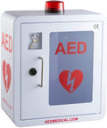 Heavy Duty Stainless Steel AED Wall Mount Cabinet For Defibrillators With Bright Emergency Strobe and door lock, key access visible.