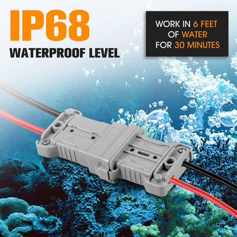 Grey IP68 Waterproof 50 Amp Battery Quick Connect and Disconnect Kit for 6 to 8 Gauge Jumper Cables in underwater setting