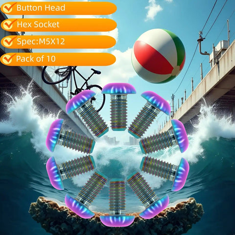 Lightweight Titanium Bolts M5x12mm Set for Bikes displayed with colorful finish and beach backdrop.