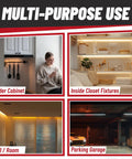 Image showing multi-purpose use of F8T5CW 12 Inch Fluorescent Bulbs 8W Cool White 4100K in under cabinet, closet, room, and garage settings.