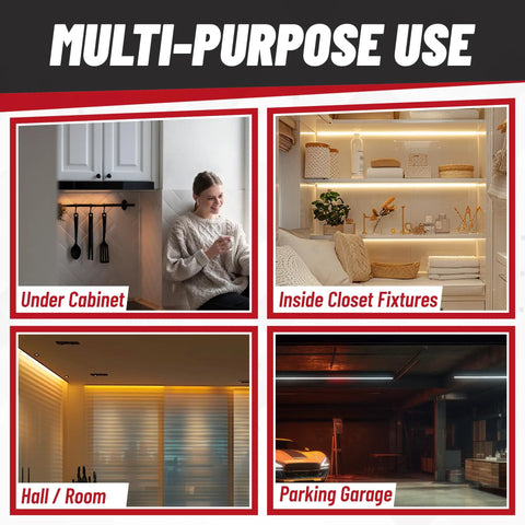 Image showing multi-purpose use of F8T5CW 12 Inch Fluorescent Bulbs 8W Cool White 4100K in under cabinet, closet, room, and garage settings.
