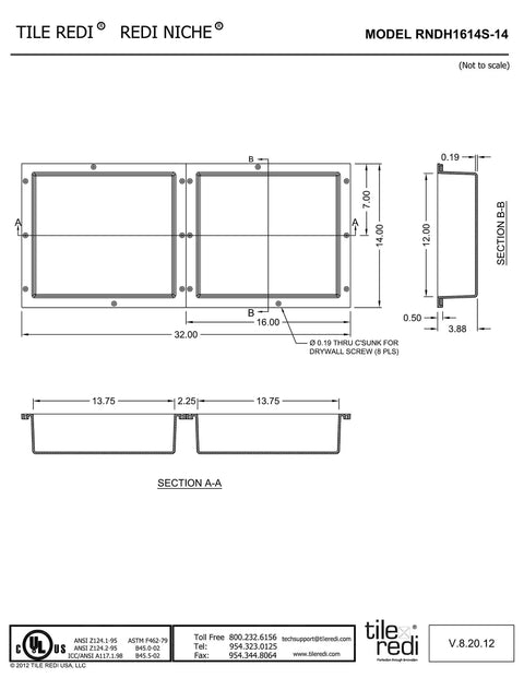 Technical drawing of Double Recessed Shower Niche With Two Shelves, 14 In High By 32 In Wide, Black, Ready To Tile, One Piece In Shower Organizer