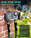 No Fuss Dual Outlet Hose Timer For Yard Watering With Two Zone Scheduling, Brass Water Timer on brick wall
