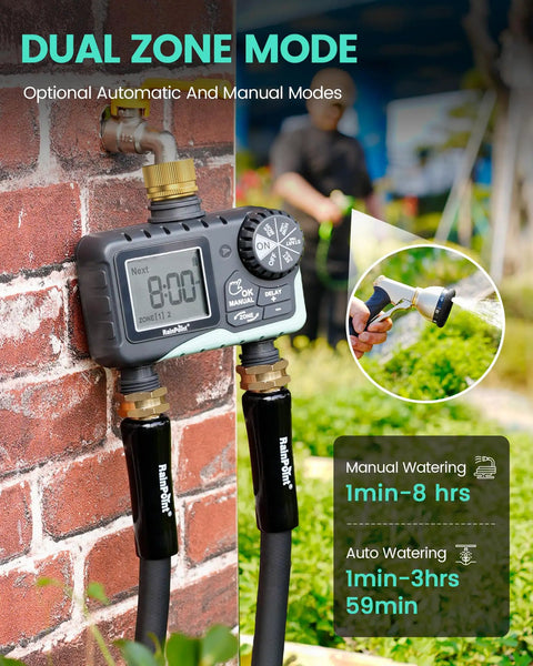 No Fuss Dual Outlet Hose Timer For Yard Watering With Two Zone Scheduling, Brass Water Timer on brick wall