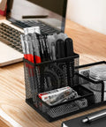 Mesh Pen Holder Desk Organizer With Three Compartments Metal Office Supply Organizer For Pens Pencils Scissors Sticky Notes Holder And Clips For School Home Office Must Have on desk with various stationery items.