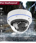 8Ch PoE Security Camera System With Integrated NVR Offering Straight Out Of The Box Setup And 4K Ultra HD Clarity For A Zero Hassle Surveillance That Works Like A Charm IP66 weatherproof dome camera in heavy rain with visibility of features.