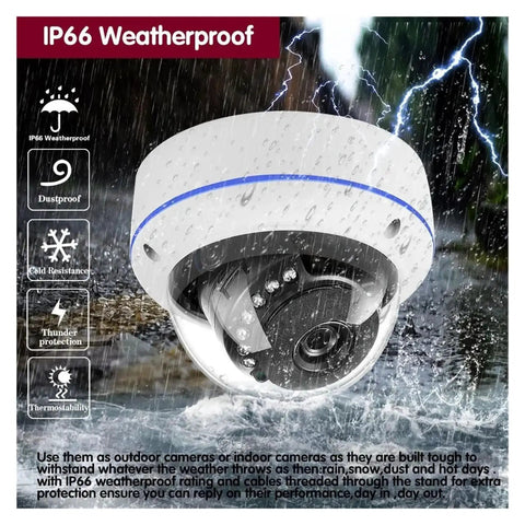 8Ch PoE Security Camera System With Integrated NVR Offering Straight Out Of The Box Setup And 4K Ultra HD Clarity For A Zero Hassle Surveillance That Works Like A Charm IP66 weatherproof dome camera in heavy rain with visibility of features.