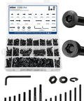 Must-Have All-In-One 1500-Piece M4 Screws Set With Socket Head And Button Head 12.9 And 10.9 Grade Alloy Steel Includes Hex Nuts Flat And Spring Lock Washers Metric Bolts With S2.5 And S3 Hex Keys Black Oxide Finish., M4 screws kit with assorted black alloy steel bolts, nuts, washers, and hex keys