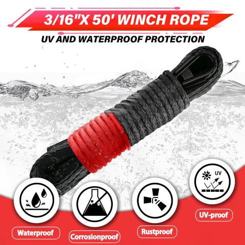 Off Road Beefed Up Winch Rope Kit With Eight Thousand Five Hundred Pounds Capacity And Three Sixteenth Inch By Fifty Foot Synthetic Cable