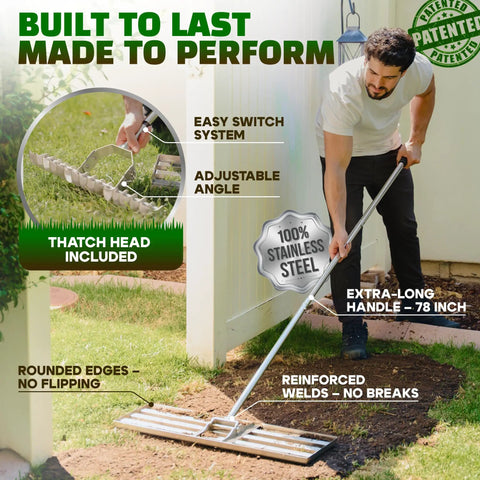 Man using Lawn Leveling Rake 30 Inch Pro Grade Heavy Duty Stainless Steel Ground Leveler for yard leveling.