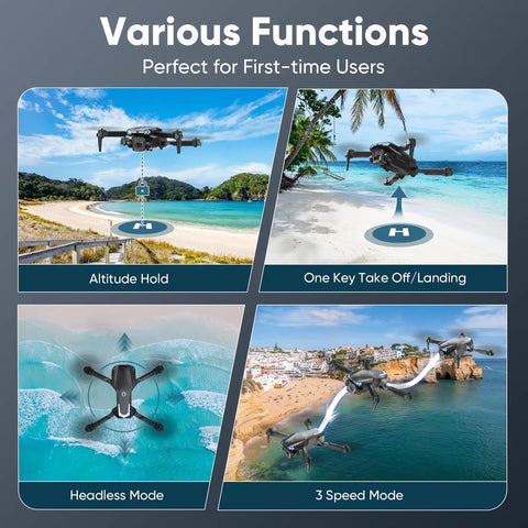 Foldable 1080P Camera Drone for Beginners and Kids Real Time FPV functions including altitude hold and 3 speed mode.