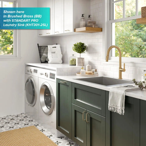 Game Changer Stainless Steel Pull Down Kitchen Faucet With Spot Free Brushed Finish and full range swivel spout in modern laundry setting.