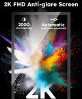 2K FHD Anti-glare Screen highlighting 2000 nits brightness and automatic brightness adjustment for outdoor digital signage.