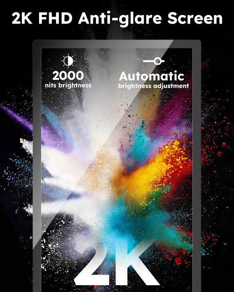 2K FHD Anti-glare Screen highlighting 2000 nits brightness and automatic brightness adjustment for outdoor digital signage.