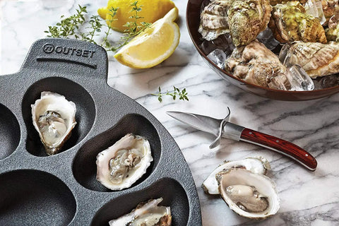 Cast Iron Oyster Grill Pan With 12 Cavities, Heavy Duty Nonstick Oyster BBQ Pan for grilling oysters, knife, and lemons on marble