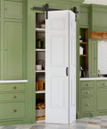 Paintable Bifold Barn Door With Hardware Kit Included No Assembly Required No Fuss Space Saving Design That Fully Folds Open For Easy Access And A Modern Look 6 Panel Bi Fold Door With 40 Inch Track Kit For Two Doors Pre Drilled Holes installed in a kitchen pantry