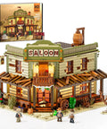 Old West Saloon LED Light Building Block Set With 2026 Pieces For Adults And Teens Western Themed Construction Model Kit To Build The Classic Bar Scene And Light It Up, front view with box and minifigures
