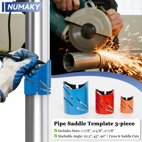 Metal Pipe Cutting Guide Kit With Pipe Saddle Template for Precise Marking and Straight Cuts, three templates shown in use.
