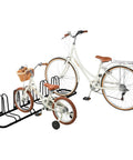 Stash Rack Bike Floor Stand For 2, 4, And 5 Bikes Easy Tool-Free Garage-Ready Storage Organizer Weather-Resistant Powder Coated Steel Fits Wheels Up To 3 Inches Black with two white bikes in place.