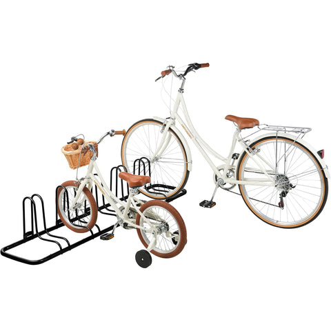 Stash Rack Bike Floor Stand For 2, 4, And 5 Bikes Easy Tool-Free Garage-Ready Storage Organizer Weather-Resistant Powder Coated Steel Fits Wheels Up To 3 Inches Black with two white bikes in place.