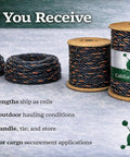 Heavy Duty Truck Rope For Cargo Securement And Tie Downs With Twisted 3 Strand Polypropylene Black With Orange Tracer 3/8 To 3/4 Inch 10 To 600 Feet Built For Trailers And Hauling shown in coils and spools on a gray background.